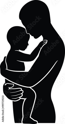 Mother holding baby silhouette illustration, maternal love and family bonding concept, parent embracing child isolated on white background