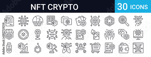 Complete NFT and cryptocurrency icon collection in thin line style. Includes blockchain, wallet, trading, digital art, tokens, and crypto concepts. Perfect for web and app design.