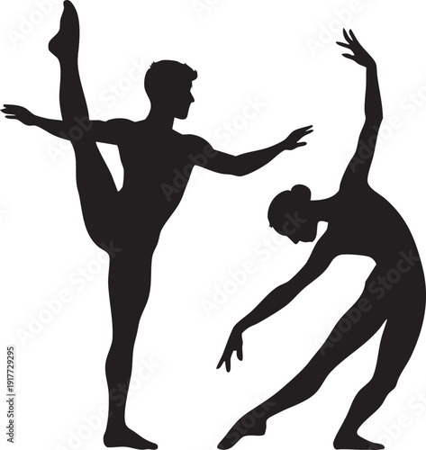 Silhouette of two ballet dancers in dynamic poses together  male and female