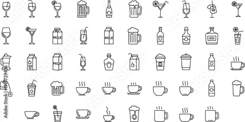 Beverage icons collection, drink containers, coffee cups, tea mugs, wine glasses, beer mugs, cocktail symbols, juice boxes, water bottles, minimalist design