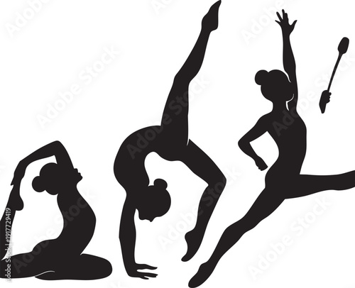 Silhouettes of women performing various gymnastics poses and movements with clubs