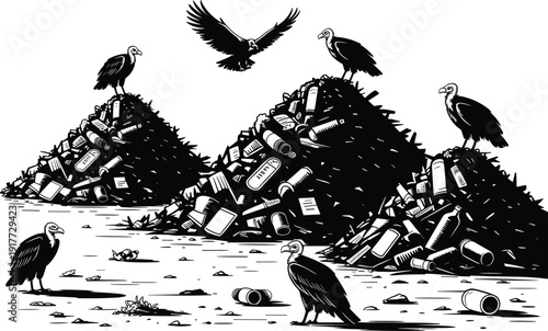Vultures scavenging on garbage dump, environmental pollution concept with landfill waste, plastic trash piles and ecological crisis illustration