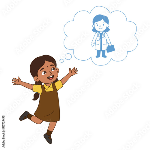 Happy Indian school girl in uniform dreaming about becoming a doctor in future