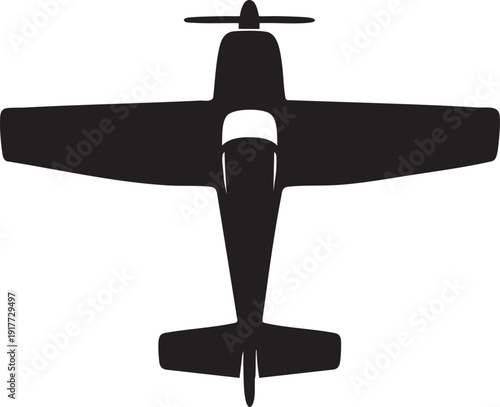 Simple black silhouette airplane icon with propeller on transparent background