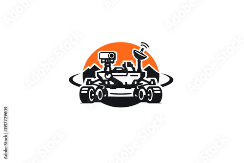 A minimalist vector illustration features a space exploration rover on a distant planet with a large orange sun and dark mountain silhouettes in the background.