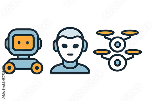 A collection of three stylized robotics icons featuring a warehouse robot with wheels, a humanoid head, and a drone, all designed with a modern flat aesthetic on a black background.