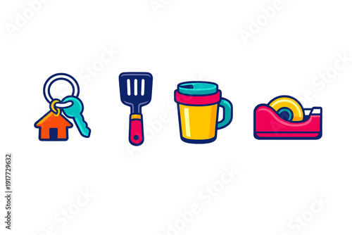 A collection of four colorful flat icons featuring a house keychain with a key, a kitchen spatula, a travel coffee mug, and a tape dispenser set against a solid black background.