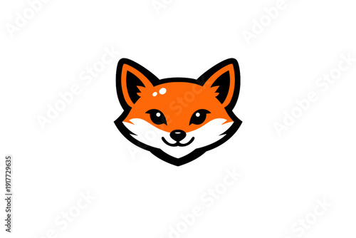 Stylized orange fox head illustration with black features and white highlights, isolated on a dark background. The minimalist vector design shows a cute animal face with pointy ears.
