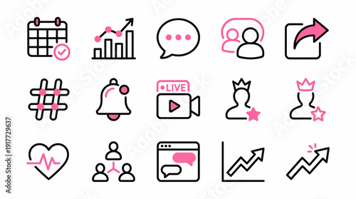 Digital icons representing social media and online engagement with analytics, notifications, and user profiles, depicted in a modern, minimalist style