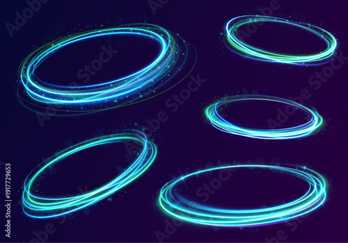 Twisting blue glowing spiral emits radiant particle streaks. Circular neon light flows outward dynamically. Perfect for sci-fi or magical visuals.