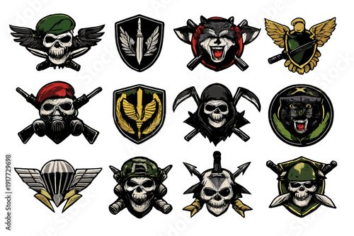 A collection of twelve military-style tactical emblems featuring skulls, animals, and weapons. The designs include berets, gas masks, wings, and shields on a black background.