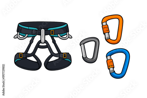 A professional climbing harness in black and teal is shown next to three colorful carabiners in orange, grey, and blue, all set against a solid black background in an illustrative style.
