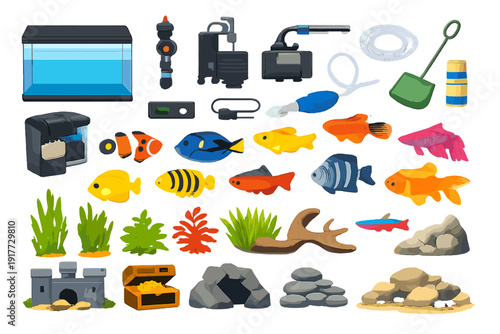 A collection of aquarium equipment and colorful fish illustrations on a black background, including a tank, filters, net, plants, rocks, and various tropical fish species.