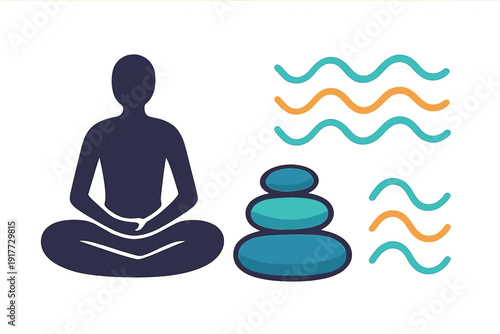 This illustration features a dark silhouette of a person in a lotus meditation pose, accompanied by a stack of blue stones and wavy teal and orange lines on a dark textured background.