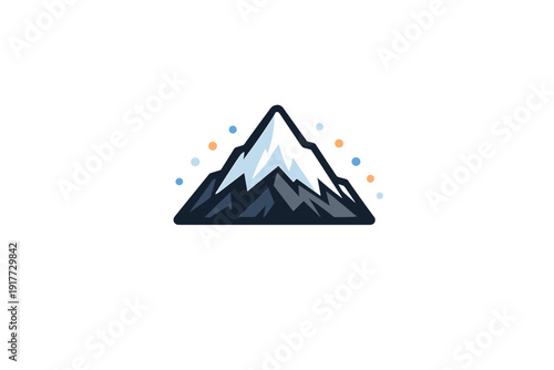 A stylized illustration of a snow-capped mountain peak with a dark blue base and white summit, surrounded by a semi-circle of small blue and orange dots on a black background.