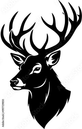 Stylized Black and White Deer Head with Antlers Silhouette