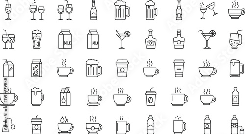 Drink icons collection, beverage containers, coffee cups, tea mugs, wine glasses, beer mugs, cocktail symbols, juice boxes, water bottles, minimalist design