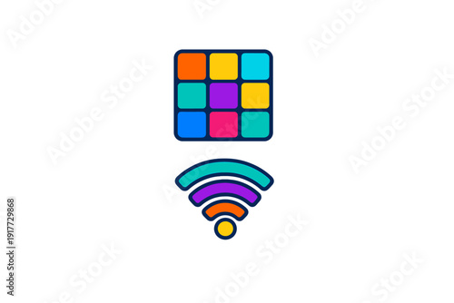 A colorful vector illustration featuring a three by three grid of square icons above a vibrant wireless internet signal symbol, set against a solid black background for high contrast.