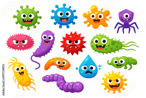 A collection of colorful cartoon microbes and bacteria characters with various facial expressions and shapes isolated on a black background. The set includes viruses and germs.