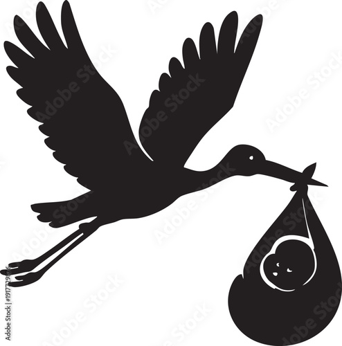 Stork flying with baby in a bundle  symbol of new life and birth