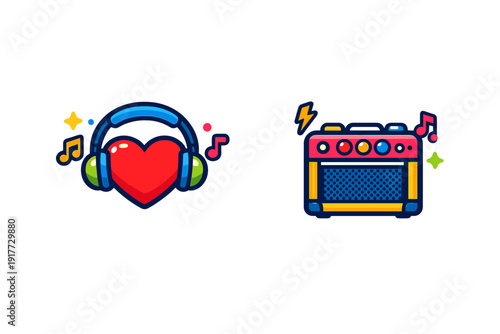 A red heart wearing blue headphones and a colorful guitar amplifier are shown as cartoon icons on a black background with musical notes and stars.