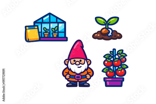 A collection of four gardening-themed vector icons featuring a greenhouse, a sprouting seed in soil, a cute garden gnome, and a potted tomato plant with ripe red fruit.
