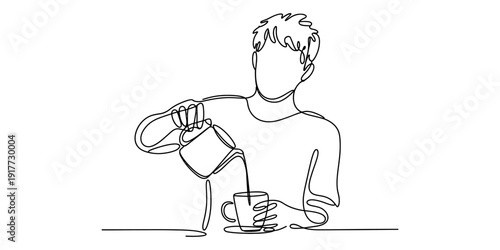 Continuous line drawing of a person pouring milk into a coffee cup from a pitcher Vector, illustration