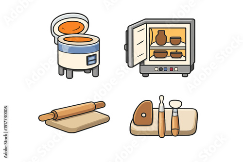 Four cartoon illustrations depicting ceramic making tools such as a top-loading kiln, a front-loading kiln with pottery inside, a rolling pin, and sculpting tools on a board.