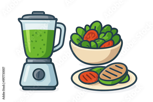 Illustration of a blender with a green smoothie, a bowl of spinach and tomato salad, and a plate of grilled zucchini and tomatoes, showcasing healthy meal options and balanced nutrition.