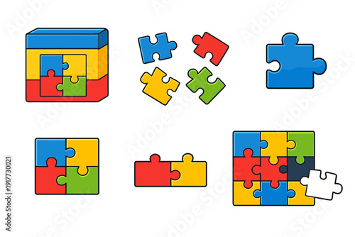 A collection of colorful jigsaw puzzle illustrations showing individual pieces, interlocking pairs, and completed sets in blue, red, yellow, and green on a black background.