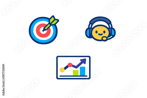 Three colorful flat icons representing business concepts: a target with a dart for goals, a smiley face with a headset for support, and a screen with a growth chart for analytics.