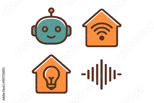 A set of four flat icons representing smart home technology and artificial intelligence, including a robot head, a Wi-Fi house, a lightbulb house, and a sound wave visualization.