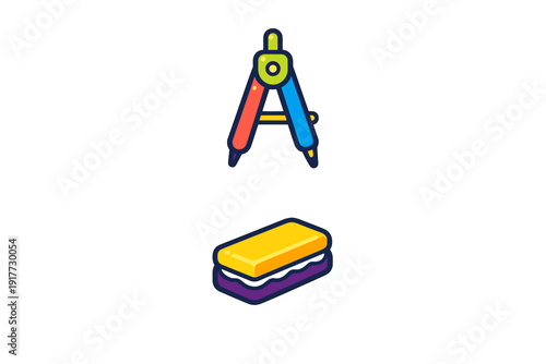 A colorful illustration featuring a drawing compass and a rectangular eraser against a solid black background. The school supplies are rendered in a vibrant, cartoonish style.