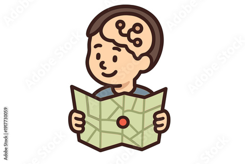 A cartoon illustration of a young boy with a circuit brain pattern holding a folded map with a red location marker. He is smiling and looking down at the map on a black background.