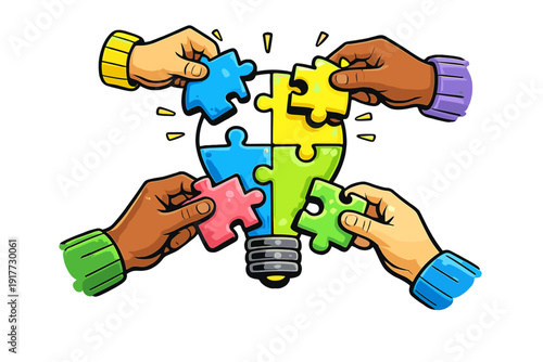 Four hands of diverse skin tones work together to assemble a light bulb made of colorful puzzle pieces against a black background, symbolizing teamwork and creative innovation.