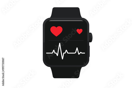 A flat vector illustration of a black smartwatch displaying a heart rate monitor with two red heart icons and a white electrocardiogram line against a dark background.