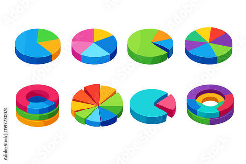 A collection of eight colorful 3D isometric pie and donut charts displayed on a black background. The set includes various data visualization styles with multiple segments and layers.
