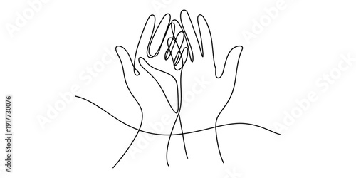 Continuous line drawing of two cupped hands in a gesture of care and protection on white background. Vector, illustration