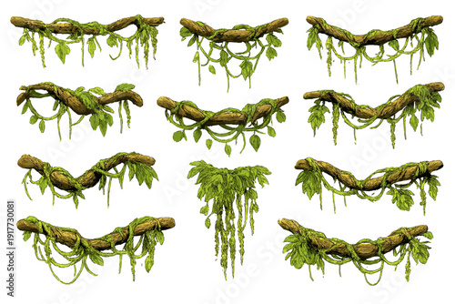 A set of hand-drawn tree branches covered in thick green jungle vines and foliage, designed as digital assets for nature-themed game environments and illustrations.