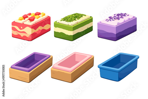 A digital illustration featuring three colorful layered cakes with fruit and nut toppings on the top row, and three rectangular containers or molds on the bottom row against a black background.