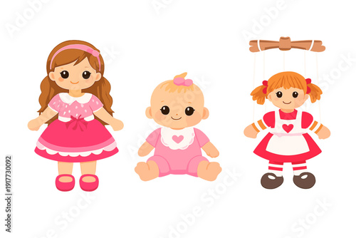 A collection of three illustrated dolls featuring a girl in a pink dress, a baby in a pink outfit, and a marionette puppet with strings, all set against a solid black background.
