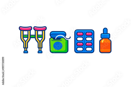 A collection of colorful medical icons including a pair of yellow crutches, a green dental floss container, a blue blister pack of pills, and an orange medicine dropper bottle.