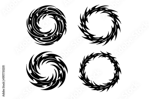 Four black circular abstract shapes with jagged, swirling edges are arranged in a grid on a white background. Each design features a unique pattern of sharp, curved spikes.