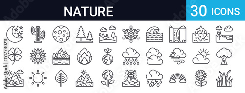 30 thin line nature and environment icons. Includes trees, landscapes, weather, mountains, plants, and natural elements. Perfect for eco and outdoor projects.