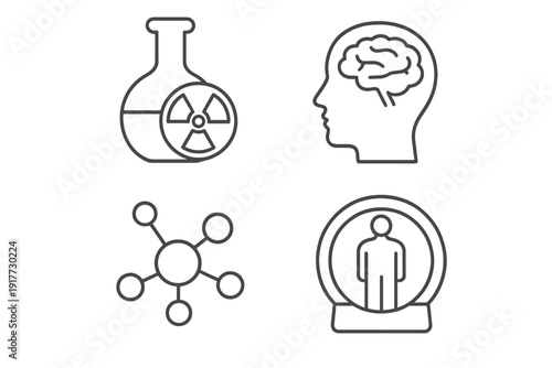 A set of four minimalist white line icons on a black background representing science and medicine, including a radiation flask, a brain in a head, a molecule, and a human body scanner.