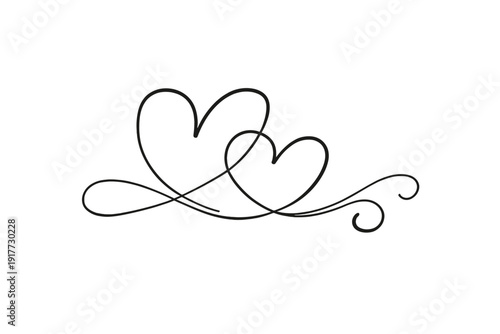 Elegant calligraphic illustration of two connected hearts created with a single continuous line flourish, set against a black background with faint vertical noise.