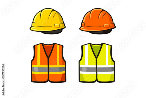 Illustration of two sets of construction safety equipment featuring a yellow hard hat with an orange vest and an orange hard hat with a yellow vest on a black background.
