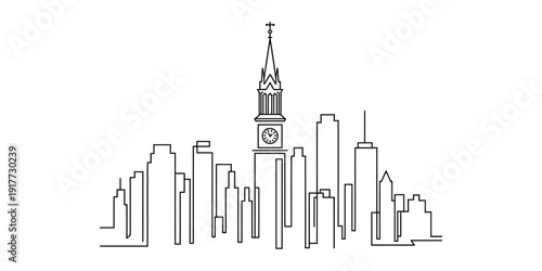 Minimalist line art illustration of the philadelphia city skyline featuring the iconic city hall.