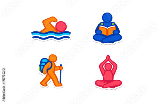 A set of four colorful stylized icons on a black background depicting various lifestyle activities including swimming, reading a book, hiking with a backpack, and practicing yoga.