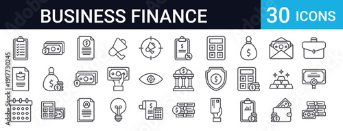 30 thin line business and finance vector icons. Includes money, payment, banking, accounting, investment, briefcase, certificate, wallet, and office symbols. Perfect for web and app design.